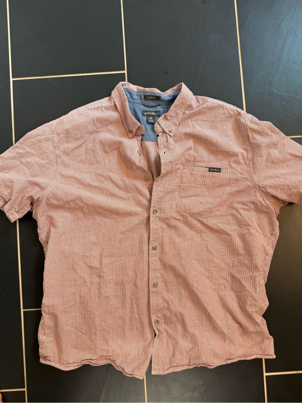 Eddie Bauer Red-Striped Short-Sleeve Button-Down Shirt